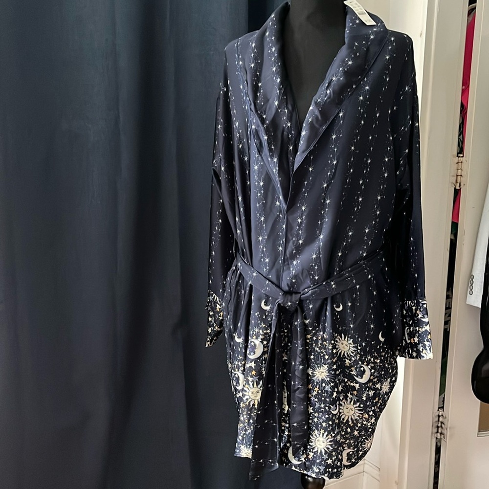 J.Crew navy blue new with tags, silky robe designed with moon and stars